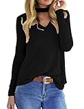 Allegrace Women Long Sleeve Round Collar Sexy Open V Neck T Shirt Casual Blouse Tops