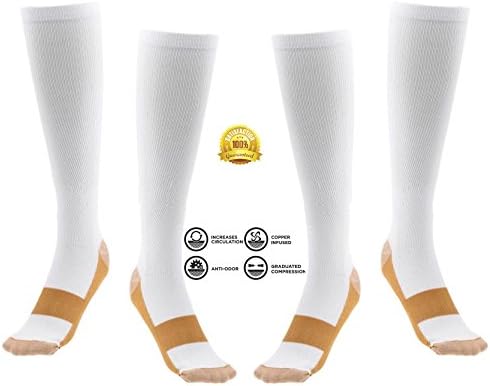 2 Pair Copper Infused Compression Socks White Knee High Unisex Anti Odor Nursing Compression Socks by Juniper's Secret Free Eyeglass Pouch (Small/Medium)