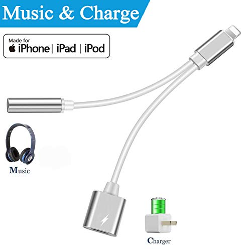 Headphones Adapter for iPhone Charger 3.5mm Jack Adapter Dongle Earphone Connector for iPhone 8/ X/XS MAX/XR/ 8Plus/ 7/7 Plus 2 in 1 Music Charger Cables Charge & Aux Audio Support iOS 12 – Silver