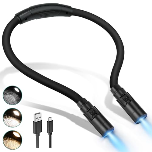 LUXJET Book Light for Reading and Crocheting Rechargeable Neck Light for Knitting and Repairing, Eye-Friendly Neck Reading Light with 3 Colours and Dimmable Brightness