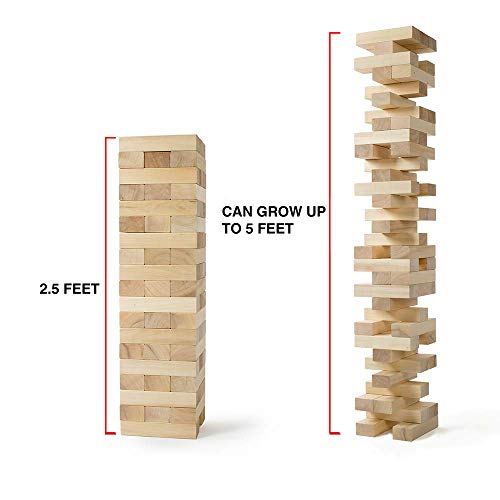 Giant Tumbling Timbers, Gentle Monster Wooden Toppling Tower, Classic Outdoor Games Stacking Toys for Adult Kids Family, Jumbo Hardwood Blocks Lawn Games 56Pcs 5 Feet