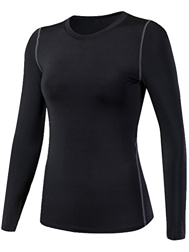 Lavento Women's Compression Shirt Sport Performance Crewneck Long-sleeve T Shirt(X-Large,1 Pack-Black)