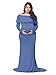 JustVH Maternity Fitted Elegant Gown Long Sleeve Off Shoulder Ruffles Maxi Photography Dress for Photoshoot Denim Blue
