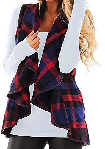 SMILEQ Top Women Waistcoat Plaid Sleeveless Vest Lapel Open Front Sherpa Jacket Pockets Cardigan Outerwear