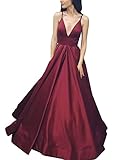 Yangprom Long Spaghetti Straps Ball Gown Satin Prom Dresses with Pockets