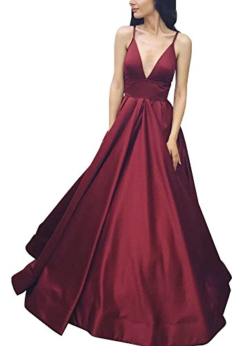 Yangprom Long Spaghetti Straps Ball Gown Satin Prom Dresses with Pockets