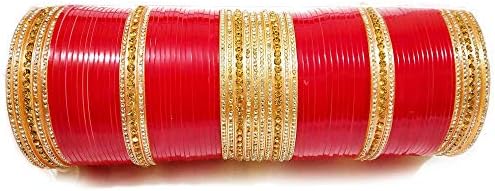 Samia 2 Red Designer White Kundan & Golden Stone Bridal Chuda Fashion Punjabi Choora Wedding Chura Set (Red)