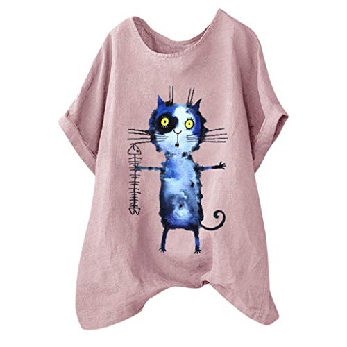 Women Casual Loose T-Shirts Cute Cat Printed Short Sleeve Tops Summer Baggy Cotton Linen Tee Blouse Pink