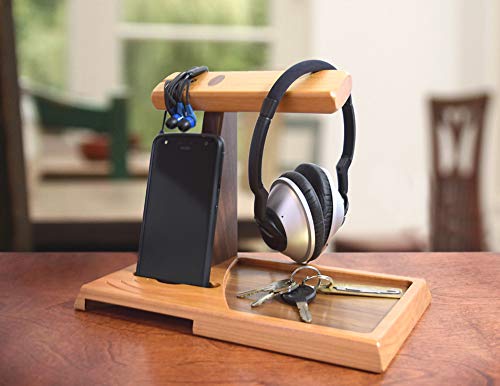 American Cherry Wood Valet Tray with Headphone Stand and Acoustic Phone Amplifier