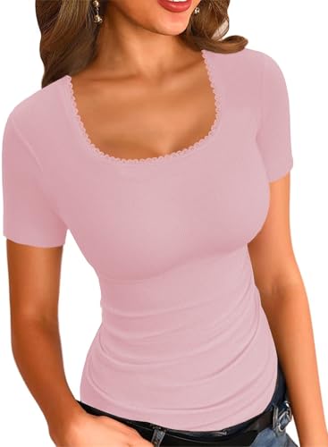 LOLONG Womens T Shirts Summer Short Sleeve Square Neck Lace Patchwork Tops Casual Ribbed Knit Fitted Solid Basic Tees Pink at Amazon