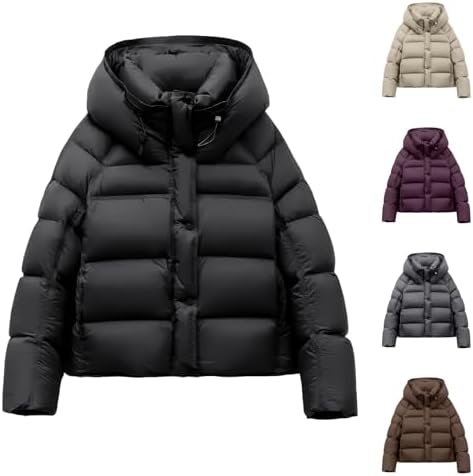 Puffer Jackets for Women UK Winter Warm Quilted Down Jacket Womens Cropped Zip Up Padded Coats Long Sleeve Hooded Coat Loose Fit Plain Casual Jacket with Pockets