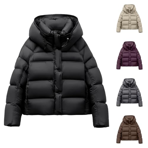 Puffer Jackets for Women UK Winter Warm Quilted Down Jacket Womens Cropped Zip Up Padded Coats Long Sleeve Hooded Coat Loose Fit Plain Casual Jacket with Pockets
