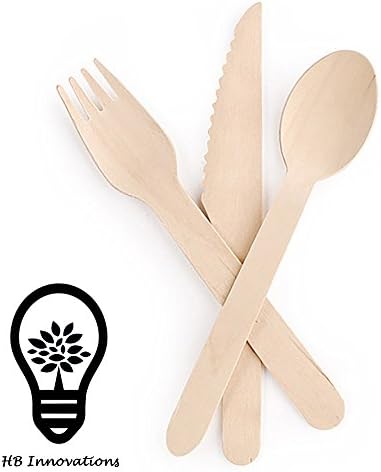 Disposable Wooden Cutlery 200pc | HB Innovations |100 Forks, 50 Spoons, 50 Knives, 6" Utensils | Biodegradable, Compostable, Eco Friendly, 100% Natural, No Plastic | Great for BBQs, Picnics, Camping