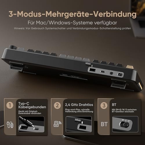 RedThunder K75 Wireless Mechanical Gaming Keyboard with German QWERTZ Layout 81 Keys, 3-Mode BT/2.4GHz/USB-C, RGB, 5-Layer Damping Structure, Hot-Swap, 4000mAh Battery, for Windows, Mac, Xbox