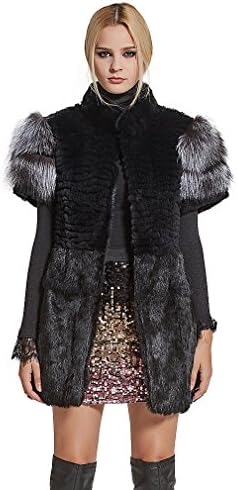 Fur Story Women's Long Real Rex Rabbit Fur Vest with Silver Fox Fur Cuff Short Sleeve Stand up Collar (US 16)