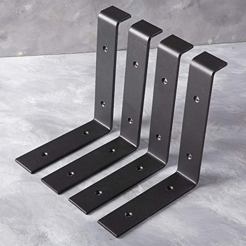 Heavy Duty Floating Shelf Lip Bracket Black J Wall Hook Solid Steel 4 Pack Rustic Decorative Bracket for Wood Boards Study Bedroom Kitchen (7.25"L x 6"H)