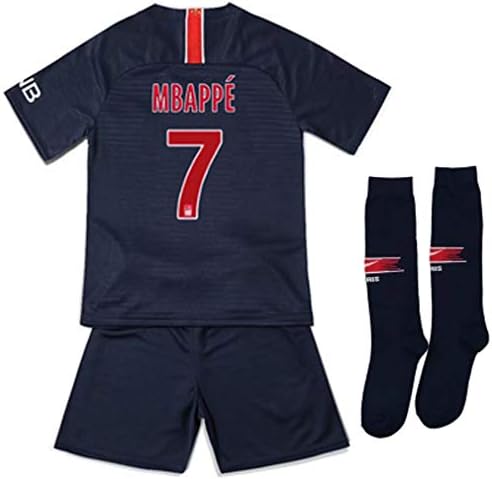 VICTNET Paris Saint-Germain Home Mbappe 7# PSG Soccer Jersey & Shorts & Socks Set Kids/Youth 18-19 Season Blue/Red