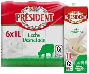 - Leche Président Desnatada, Leche Natural de Galicia, Fuente de Calcio y Proteínas, Sin Gluten, Bienestar Animal, Pack 6 x 1 L