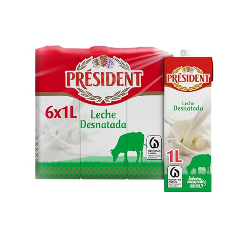 - Leche Président Desnatada, Leche Natural de Galicia, Fuente de Calcio y Proteínas, Sin Gluten, Bienestar Animal, Pack 6 x 1 L