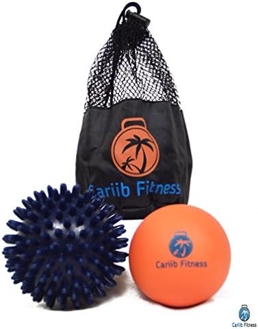 Cariib Fitness Orange Myofascial Release Ball & Blue Firm Spiky Massage Ball For Plantar Fasciitis Trigger Point Therapy Deep Tissue Massage (2Pack) Plus Storage Bag