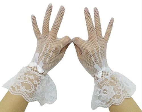 Lace Short Gloves Wedding Dance Party Wrist Length Floral Gloves-White