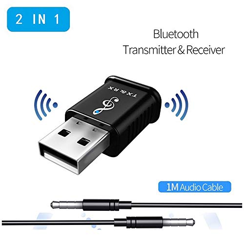 USB Bluetooth 5.0+ EDR Adapter, Mini Bluetooth Transmitter Receiver, Wireless Audio Adapter with 3.5mm AUX for Car Headphones PC TV Home Stereo Sound System, USB Power Supply, No Driver Required
