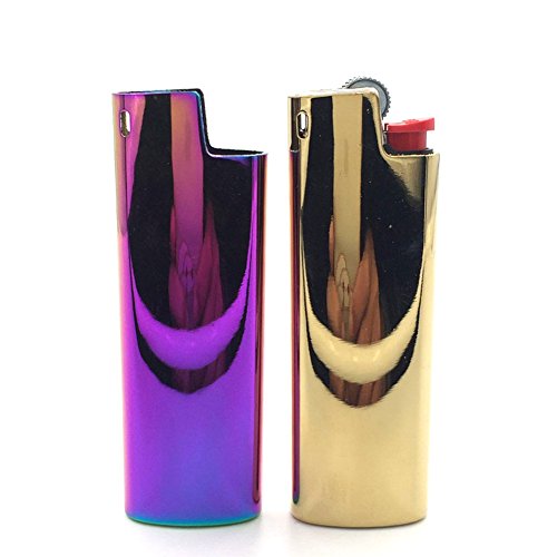 Lucklybestseller 2Pcs Set Metal Lighter Case Cover Holder Rainbow Gold Color for BIC J3 Lighter(Medium Size)