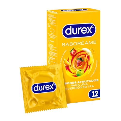 Durex Preservativos Saboréame, Sabores Afrutados Para una Diversión Extra, Fresa, Plátano, Naranja y Manzana, 12 condones