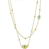 Izpack Fashion Turquoise Evil Eye Layered Choker Necklace for Women Stainless Steel 14K Gold Plated Spiritual Protection Adjustable Chain Link Beaded Ball Necklaces Stacking Dainty Jewelry