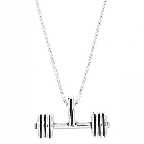 Sterling Silver Weightlifting Straight Barbell Charm with Box Chain Necklace