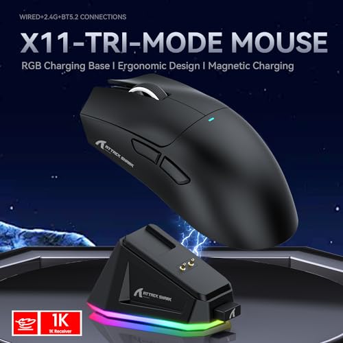 ATTACK SHARK X11 Gaming Mouse with Magnetic Charging Dock, PixArt PAW3311 Gaming Sensor, BT/2.4G Wireless/Wired Gaming Mouse, 22000 DPI, Office Mice Gamer Mice for Win11/Xbox/PS/Mac (Black)