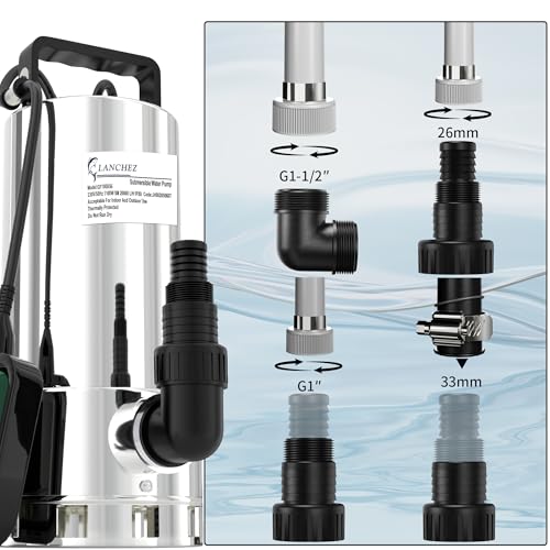 LANCHEZ 1100 W Submersible Dirty Water Pump, 20,000 l/h, Max Discharge Head 8 m, Max Immersion Depth 7 m, with Automatic Float Switch, 10 m Power Cable for Pool Emptying, Basement, Garden
