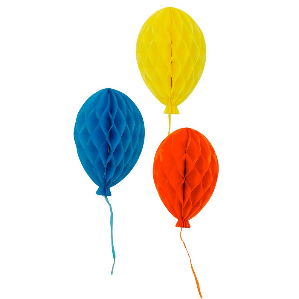 Talking Tables 3 x Paper Honeycomb Reusable Eco Birthday Balloons Hanging Party Decorations in Blue, Yellow and Orange, Bright and Fun 22cm