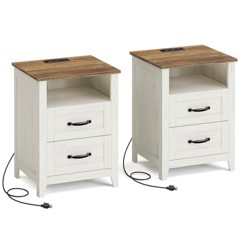 VASAGLE LIRY Collection - Farmhouse Nightstands with Charging Station, Set of 2 Bedside Tables, Side Tables with 2 Drawers, Open Compartment, for Bedroom, Rustic White and Honey Brown ULET869W01 Image