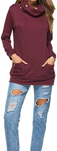 Womens Long Sleeve Button Cowl Neck Casual Slim Tunic Tops With Pockets