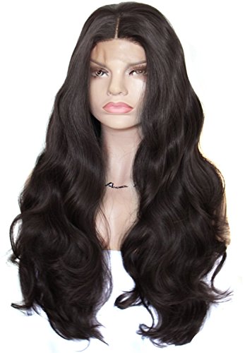 Anogol Hair Cap+24'' Natural Black 2# Lace Front Wig Synthetic Heat Resistant for Women Half Hand Tied Hair Long Wavy Wigs for Fancy Dress Wave