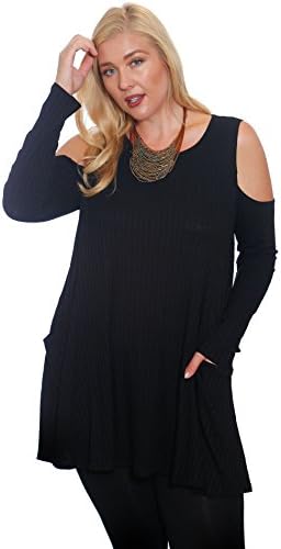 Hot Ginger Women's Plus Size Long Sleeve Ribbed Cold Shoulder Top With Pockets (3X, Black)