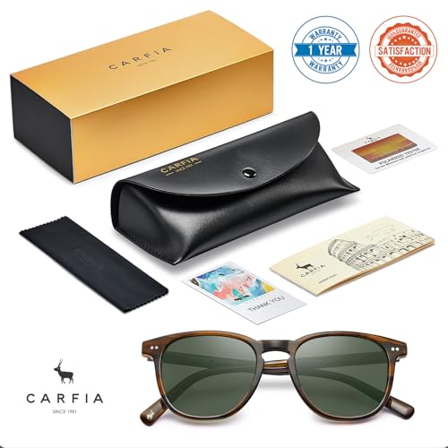 CARFIA Vintage Polarised Sunglasses for Men UV Protection Driving Glasses with Rectangular Acetate Frame
