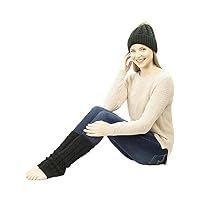 Exotic Identity Pom Pom Hat and Leg Warmers Cable Knit 2-Piece Gift Set Breck Cold Weather Wear for Women - One Size - Black