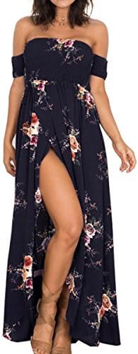 Chuangxiangt Women's Summer Sexy Off-Shoulder Split Floral Beach Long Maxi Dress (Medium, Blue)