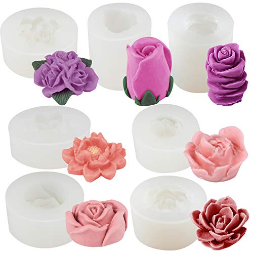 Funshowcase Rose Peony Flower Plant Silicone Molds for Epoxy Resin Soap Candle Wax Polymer Clay Concrete Plaster Fondant Cake Decor Chocolate Isomalt 7-Count