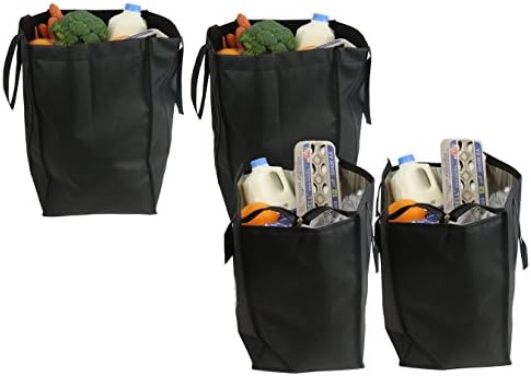 Cherlex 4 Piece Bundle Large Reusable Grocery Tote Bags, 2 Thermal Insulated Shopping Totes, Collapsible Eco Grocery Bag with Zipper, Included with 2 Reusable Grocery Bags (Black)