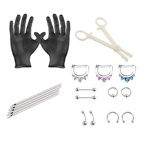 IPINK 22 Pieces Body Piercing Kit Needle 16G Septum,Belly Button, Eyebrow, Nipple, Lip, Nose