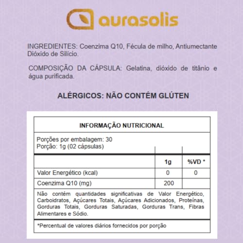 Coenzima Q10 200mg Aurasolis 60 Cápsulas Antioxidante Sem Glúten