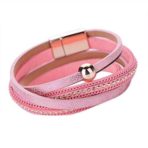 BCDshop Women Bohemian Bracelets, Rhinestones Bead Leather Wrap Charm Cuff Wristband Magnetic Clasp (Pink, Alloy) - Thumbnail 5