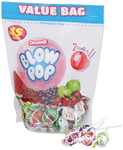 CHARMS BLOW POP LOLLIPOPS – INDIVIDUALLY WRAPPED DUAL CANDY AND GUM SUCKERS – PEANUT FREE, GLUTEN FREE – BULK TREAT FOR KIDS AND ADULTS – ASSORTED FLAVORS, 45 COUNT (29.25 OZ.)