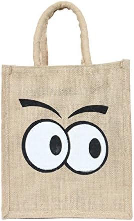 Deshi Decor, Multipurpose Jute Lunch Bag for Office Executive Men/Women/Girls/Unisex/Adult with Zip, (Googly Cartoon Eyes-Black, Dimensions:Size, Height= 12, Length= 10, Width= 5 Inches)