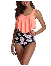 Amstt Bikini Trajes de baño de dos piezas para dama de talle alto con control de barriga Trajes de baño Top con volantes con parte inferior de baño Tankini Set