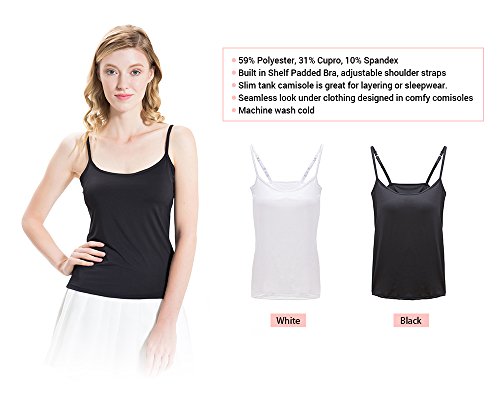 HBY Womens Camisole Built In Shelf Padded Bra Cami Bra Adjustable Straps Tank Top Solid Color Black Large - Thumbnail 3