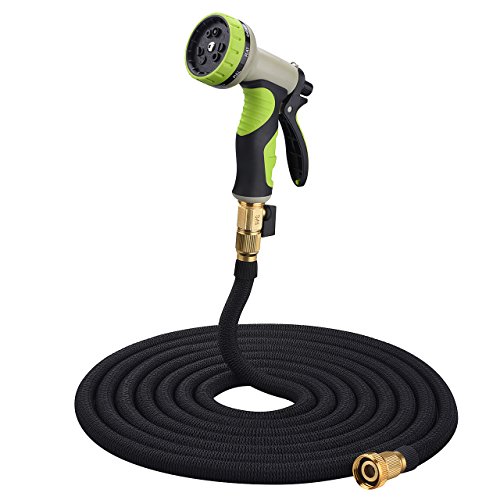 Homitt 50ft Expanding Garden Hose with Inner Latex Core and Solid Brass Connector, 9 Functions Spray Nozzle and Hose Holder for Expandable Lawn Hose -Black